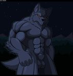  2017 abs animal_genitalia anthro balls biceps big_balls big_muscles canine casual_nudity droll3 forest fur grey_fur male mammal manly muscular muscular_male night nude pecs quads red_sclera sheath solo starry_night tree were werewolf 