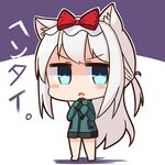  alternate_costume animal_ears azur_lane blue_eyes blush cat_ears chibi commentary_request cosplay eromanga_sensei fang half_updo hammann_(azur_lane) hana_kazari izumi_sagiri izumi_sagiri_(cosplay) jacket jitome long_hair looking_at_viewer open_mouth silver_hair simple_background sleeves_past_wrists solo translation_request v-shaped_eyebrows white_background white_hair 