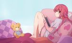  blush brown_eyes eyebrows_visible_through_hair highres kukie-nyan long_hair looking_at_viewer parted_lips red_hair rin_(shelter) shelter_(music_video) sitting solo stuffed_animal stuffed_toy tablet teddy_bear 