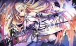  armor armored_dress banner bare_shoulders black_legwear blonde_hair blue_eyes breasts chain closed_mouth collar dress dutch_angle fate/apocrypha fate_(series) fringe_trim fur-trimmed_legwear fur_trim gauntlets headpiece holding holding_staff holding_weapon jeanne_d'arc_(fate) jeanne_d'arc_(fate)_(all) large_breasts long_hair looking_at_viewer petals polearm signature smile solo staff standing tyouya very_long_hair weapon white_dress 