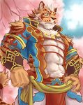  2017 abs absurd_res anthro biceps blue_eyes claws clothed clothing feline fur hi_res lin_hu male mammal muscular muscular_male nekojishi simple_background stripes tiger tupidwithouts 