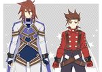  belt black_pants bodysuit brown_hair buckle clenched_hand cowboy_shot gloves grey_background kratos_aurion lloyd_irving male_focus multiple_boys pants red_gloves red_shirt shirt spiked_hair star striped striped_background suspenders tales_of_(series) tales_of_symphonia tktg 