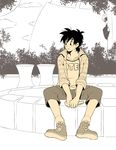  black_eyes black_hair blush character_name dragon_ball dragon_ball_z expressionless limited_palette long_sleeves looking_at_another looking_away male_focus multiple_boys rochiko_(bgl6751010) sepia shoes short_hair shorts sitting socks son_goten trunks_(dragon_ball) 