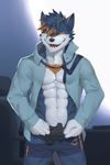  abs agonylight anthro biceps big_muscles black_fur bulge canine claws clothed clothing fur hi_res kemono looking_at_viewer male mammal muscular necktie outside pants pecs phone seaside smile solo standing topless ty_arashi white_fur wolf yellow_eyes 