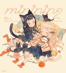  :&lt; animal animal_ears aqua_ribbon bangs black_cat black_hair blue_eyes blue_skirt blue_sweater blunt_bangs bobby_socks braid buttons cardigan cat cat_ears cat_tail closed_eyes commentary_request cover cover_page doujin_cover fish_pillow hair_ribbon holding holding_stuffed_animal long_hair looking_at_another lying multiple_girls no_shoes on_back on_stomach original pechika red_legwear ribbon shorts side_braid skirt sleeping smile socks stuffed_animal stuffed_cat stuffed_toy sweater tail twitter_username wavy_hair white_cat white_hair white_shorts white_sweater yarn yarn_ball 