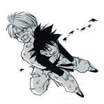  blood blood_on_face carrying closed_eyes dirty dirty_clothes dragon_ball dragon_ball_z eyebrows_visible_through_hair greyscale injury long_sleeves looking_away lowres male_focus monochrome multiple_boys open_mouth rochiko_(bgl6751010) serious short_hair simple_background son_goten spiked_hair trunks_(dragon_ball) white_background 