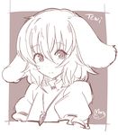  animal_ears bangs blazer bunny_ears character_name commentary_request dress highres inaba_tewi jacket looking_at_viewer mana_(tsurubeji) monochrome necktie short_hair signature simple_background sketch solo touhou white_background 