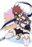  alternate_costume black_gloves black_pants boots buckle fingerless_gloves gloves kratos_aurion looking_away male_focus mask pants red_eyes solo spiked_hair squatting sword tales_of_(series) tales_of_symphonia tassel thigh_boots thighhighs tktg twitter_username weapon white_background white_footwear 