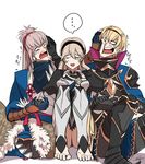  1girl 2boys anger_vein armor armored_boots barefoot black_footwear black_gloves blonde_hair book boots boy_sandwich brother_and_sister cape cheek_press closed_eyes commentary_request european_clothes facing_viewer female_my_unit_(fire_emblem_if) fire_emblem fire_emblem_heroes fire_emblem_if fur_trim gloom_(expression) gloves grey_hair hairband hand_on_another's_cheek hand_on_another's_face holding_hand japanese_clothes kazuha_(kazuha1003) knees_up leon_(fire_emblem_if) long_hair looking_at_another looking_to_the_side multiple_boys my_unit_(fire_emblem_if) open_mouth pauldrons pointy_ears ponytail puffy_sleeves pushing pushing_away pushing_face red_eyes sandwiched short_hair siblings simple_background sitting spoken_ellipsis sweatdrop takumi_(fire_emblem_if) trembling white_background 
