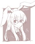  animal_ears bangs blazer bunny_ears character_name commentary_request highres jacket long_hair looking_at_viewer mana_(tsurubeji) monochrome necktie reisen_udongein_inaba shirt signature simple_background sketch smile solo touhou white_background 