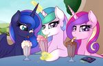  2017 blush cosmic_hair cup cute cutie_mark drinking equine eyebrows eyelashes feathered_wings feathers female friendship_is_magic glass hair hi_res horn inside looking_at_viewer magic mammal milkshake money multicolored_hair my_little_pony open_mouth princess_cadance_(mlp) princess_celestia_(mlp) princess_luna_(mlp) purple_eyes ratofdrawn smile straw table teal_eyes wallet window winged_unicorn wings 