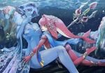  ass blue_skin blush breasts fins fish_girl hair_ornament hug jewelry kandori_makoto large_breasts long_hair looking_at_viewer mipha monster_girl multicolored multicolored_skin multiple_girls no_eyebrows pointy_ears polearm princess_ruto red_hair red_skin rock smile spear the_legend_of_zelda the_legend_of_zelda:_breath_of_the_wild the_legend_of_zelda:_ocarina_of_time underwater water weapon yellow_eyes zora 