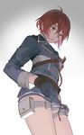  :o commentary_request double-breasted flower_knot gloves gold_trim green_eyes highres holster looking_down male_focus military military_uniform red_hair shinano_toushirou short_shorts shorts simple_background single_horizontal_stripe solo thigh_holster thighs touken_ranbu tuke_omio uniform 