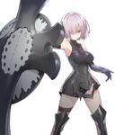  armor armored_dress black_armor elbow_gloves fate/grand_order fate_(series) gloves hair_over_one_eye holding_shield looking_at_viewer mash_kyrielight purple_eyes purple_hair shield short_hair simple_background solo supernew 