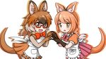  :o animal_ears apron bow bowtie brown_eyes brown_gloves brown_hair eyebrows_visible_through_hair fingers_together frilled_apron frills fur_collar glasses gloves hands_together interlocked_fingers kemono_friends long_hair looking_at_viewer multiple_girls pademelon_(kemono_friends) pleated_skirt pocket red-framed_eyewear red_neckwear short_sleeves simple_background skirt sleeveless spectacled_hare-wallaby_(kemono_friends) tail thighhighs vostok_(vostok061) white_background 