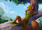  anthro butt canine clothed clothing cloud disney footwear forest fox fur half-closed_eyes hat haychel headgear male mammal outside relaxing robin_hood robin_hood_(disney) shoes sitting sky smile solo tree tunic whiskers 