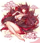 absurdres akagi_(azur_lane) animal_ears azur_lane bangs bare_legs barefoot black_hair blunt_bangs breasts cleavage_cutout cloud eyebrows_visible_through_hair fox_ears fox_tail full_body hand_on_own_chest highres japanese_clothes kimono large_breasts light_smile long_hair long_sleeves looking_at_viewer multiple_tails parted_lips revision smile solo tail tetsu_(excalibur920) wide_sleeves yellow_eyes 