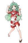 commentary_request full_body green_eyes green_hair highres horn komano_aun long_hair looking_at_viewer open_mouth paw_pose red_shirt shirt shorts sindre touhou very_long_hair 