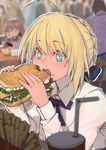  ahoge artoria_pendragon_(all) blonde_hair blue_bow blue_eyes blue_ribbon blurry blurry_background bow chair commentary_request cup dress eating eyebrows_visible_through_hair fate/stay_night fate_(series) food food_on_face french_fries hair_bun hair_ribbon hamburger holding holding_food lanzi_(415460661) ribbon saber short_hair sitting solo_focus white_dress 