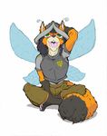  2016 antennae armor badge canine chainmail clothing cosplay ernor fae female fox green_eyes helmet law_enforcement mammal night_watch_(discworld) pants police sitting wings 