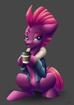  2017 beverage broken_horn clothing coat coffee coffee_cup equine eye_scar eyebrows eyelashes faline-art female fizzlepop_berrytwist_(mlp) grey_background hair hi_res horn mammal my_little_pony my_little_pony_the_movie pink_hair scar shadow short_hair simple_background sitting smile solo solo_focus teal_eyes teeth tempest_shadow_(mlp) unicorn 