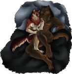  2018 anthro blue_eyes breasts brown_fur butt canine claws digital_media_(artwork) duo female fur green_eyes herm hi_res icarus intersex male mammal muscular nipples nude red_fur tjin_(artist) tjin_(character) were werewolf white_fur wolf 