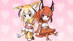  animal_ears bad_id bad_nicoseiga_id belt blonde_hair blue_eyes bow bowtie brown_eyes brown_gloves brown_hair brown_legwear brown_skirt caracal_(kemono_friends) caracal_ears caracal_tail elbow_gloves extra_ears eyebrows_visible_through_hair fennec_(kemono_friends) fox_ears fur_trim gloves heart high-waist_skirt kemono_friends looking_at_viewer multicolored_hair multiple_girls parody pink_background pink_sweater pleated_skirt shirt short_sleeve_sweater short_sleeves skirt sleeveless sleeveless_shirt smile sweater tail thighhighs vostok_(vostok061) white_hair white_skirt yellow_neckwear 
