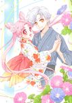  1girl :d animal_print bishoujo_senshi_sailor_moon chibi_usa commentary_request couple double_bun fish_print flower goldfish_print hair_flower hair_ornament helios_(sailor_moon) hetero interlocked_fingers ipomoea japanese_clothes kimono looking_at_viewer older open_mouth pink_eyes pink_hair red_eyes rose sarashina_kau short_hair simple_background small_lady_serenity smile twintails white_flower white_hair white_rose yellow_eyes yukata 