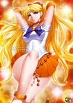  aino_minako arms_up bare_legs bishoujo_senshi_sailor_moon blonde_hair blue_bow blue_eyes bow choker cropped_legs expressionless hair_bow half_updo jadenkaiba long_hair looking_at_viewer magical_girl orange_background orange_neckwear orange_sailor_collar orange_skirt pleated_skirt red_bow sailor_collar sailor_senshi_uniform sailor_venus shiny shiny_skin skirt solo sparkle watermark web_address 