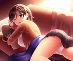  ass brown_eyes brown_hair commentary_request couch highres long_sleeves looking_at_viewer looking_back lying neit_ni_sei on_stomach one_eye_closed open_mouth original panties pantyshot pantyshot_(lying) shirt skirt solo sweater underwear white_panties 