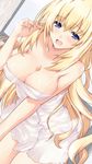  bare_shoulders blonde_hair blue_eyes breasts cleavage commentary_request iwasi-r large_breasts long_hair looking_at_viewer neptune_(series) open_mouth solo towel vert 