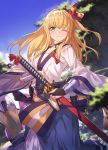  1girl blonde_hair blue_eyes blurry blurry_background blush bow bridal_gauntlets choker granblue_fantasy grass hair_bow hand_on_hilt highres ibuki_notsu japanese_clothes katana long_hair mirin_(granblue_fantasy) one_eye_closed outdoors ribbon_choker sarashi sheath smile sword tree weapon wide_sleeves 