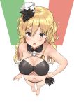  1girl absurdres alternate_costume bangs bikini black_bikini blonde_hair blush braid breasts brown_eyes cleavage collarbone commentary_request erect_nipples eyebrows_visible_through_hair feathers french_braid full_body hair_between_eyes hair_ornament hair_over_shoulder hair_ribbon hand_on_hip hat highres italian_flag kantai_collection large_breasts long_hair looking_at_viewer mini_hat navel open_mouth revision ribbon side_braid simple_background smile solo soushou_nin standing string_bikini swimsuit tilted_headwear tress_ribbon wavy_hair zara_(kantai_collection) 
