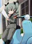  anchovy anzio_military_uniform bangs belt black_belt black_neckwear black_ribbon black_shirt blurry blurry_background boots building closed_mouth commentary day depth_of_field dress_shirt drill_hair eyebrows_visible_through_hair frown girls_und_panzer green_hair grey_jacket grey_pants ground_vehicle hair_ribbon holding jacket kakizaki_(chou_neji) knee_boots leaning_back long_hair long_sleeves map military military_uniform motor_vehicle necktie outdoors pants red_eyes ribbon scooter shirt solo standing twin_drills twintails uniform vespa 