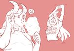  &lt;3 athletic biceps breasts clothed clothing cotton_candy cute demon eating english_text female fur hair horn humanoid long_hair marvelpoison muscular nedra_(tfs) not_furry open_mouth shirt smile solo speech_bubble stretching t-shirt team_four_star teeth text tfs_at_the_table tiefling 