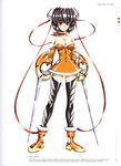  absurdres bare_shoulders black_hair black_legwear boots breasts brown_eyes bun_cover character_name choker cleavage collarbone double_bun dress dual_wielding eliza_mayfield full_body growlanser growlanser_iv highres holding holding_sword holding_weapon large_breasts looking_at_viewer official_art orange_dress red_ribbon ribbon scan scarf shiny shiny_clothes shiny_hair short_dress short_hair skirt smile solo strapless strapless_dress sword thighhighs urushihara_satoshi weapon zettai_ryouiki 