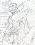  2016 anthro arm_wraps armband balls body_hair bottomless chest_hair clothed clothing drooling dudebulge duo english_text erection facial_hair greyscale hairy hi_res hot_dogging hug hugging_from_behind human humanoid_penis kraven_the_hunter lizard lizard_(spider-man) male male/male mammal manly marvel monochrome muscular nude one_eye_closed open_shirt partially_retracted_foreskin pencil_(artwork) penis reptile retracted_foreskin saliva scalie side_view signature spider-man_(series) text tight_foreskin tongue tongue_out traditional_media_(artwork) uncut vein veiny_penis wraps 
