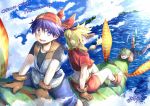  1girl blonde_hair blue_eyes blue_hair chrono_cross cloud commentary_request glenn gloves high_ponytail kid_(chrono_cross) long_hair midriff multi-tied_hair multiple_boys ocean oosuzu_aoi ponytail serge skirt sky smile vest 