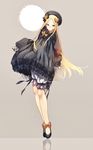  abigail_williams_(fate/grand_order) black_bow black_dress black_ribbon blonde_hair blue_eyes bow closed_mouth commentary dress dress_bow dress_shoes eyebrows_visible_through_hair fate/grand_order fate_(series) frilled_dress frilled_legwear frilled_sleeves frills full_body gothic_lolita grey_background hair_bow hat highres holding holding_toy lolita_fashion long_hair long_sleeves looking_at_viewer orange_bow reflective_floor ribbon shoe_bow shoes sleeves_past_fingers sleeves_past_wrists solo stuffed_animal stuffed_toy teddy_bear too_many_bows u_5ham0 