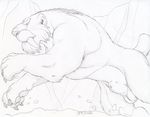  animal_genitalia balls dudebulge fangs feline feral fully_sheathed greyscale ice_age leaping male mammal monochrome muscular pencil_(artwork) quadruped saber-toothed_cat sabertooth_(feature) sheath side_view signature solo soto_(ice_age) traditional_media_(artwork) 