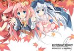  :d animal_ears autumn_leaves bangs belt belt_buckle blue_bow blue_eyes blue_jacket blue_ribbon blush bow bowtie brown_belt buckle closed_mouth collared_dress commentary_request dress eyebrows_visible_through_hair fox_ears fox_girl fox_tail hair_between_eyes hair_bow head_tilt highres jacket kushida_you long_hair long_sleeves looking_at_viewer multiple_girls object_hug open_mouth original outstretched_arms parted_lips pink_hair reaching_out red_eyes red_hair ribbon silver_hair smile stuffed_animal stuffed_bunny stuffed_toy tail tail_hug very_long_hair white_dress wide_sleeves yellow_bow yellow_neckwear yellow_ribbon 
