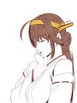  ahoge bangs bare_shoulders brown_hair eyebrows_visible_through_hair grey_eyes hairband headgear ishii_hisao kantai_collection kongou_(kantai_collection) long_hair looking_down nontraditional_miko parted_lips partially_colored simple_background upper_body white_background 