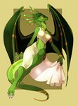  anthro armband breasts claws clothing dragon dress female green_scales jewelry lenora_(specter01) looking_at_viewer necklace scales scalie simple_background skirt smile solo talons tan_background uni wings yellow_eyes 