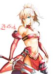  bare_shoulders blonde_hair blue_eyes braid breasts choker clarent cleavage cowboy_shot detached_sleeves fate/apocrypha fate/grand_order fate_(series) french_braid highres medium_breasts mordred_(fate) mordred_(fate)_(all) navel ohako_(ohako1818) red_scrunchie scrunchie smirk solo thighs white_background 