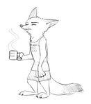  2017 anthro barefoot black_and_white canine claws clothed clothing coffee_mug disney english_text eyes_closed fox fuel_(artist) holding_object male mammal monochrome nick_wilde simple_background solo steam text tired white_background zootopia 