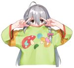  1girl ahoge blush brown_eyes covering_mouth double_v embarrassed green_shirt grey_hair hair_between_eyes hands_up highres hoshi_shouko idolmaster idolmaster_cinderella_girls long_hair long_sleeves looking_at_viewer muchi_maro ribbon shirt simple_background solo upper_body v v_over_eye white_background 