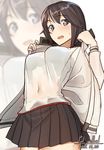  artist_name black_hair black_skirt blush breasts cowboy_shot dated from_below gym_shirt hayasui_(kantai_collection) jacket kantai_collection long_sleeves medium_breasts miniskirt navel pallad pleated_skirt see-through shirt short_hair silver_eyes simple_background skirt solo track_jacket white_background 