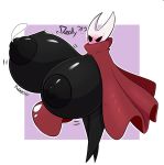  big_breasts black_areola black_nipples blush border bottomless breast_expansion breasts clothed clothing female hollow_knight hornet_(hollow_knight) huge_breasts hyper hyper_breasts lactating mostly_nude nipples purple_background simple_background solo sweat sweatdrop thegentlebro vessel_(species) white_border 