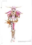  absurdres armor armored_dress bangs boots breasts character_name cleavage dress full_body growlanser growlanser_vi hair_ornament highres impossible_clothes knee_boots looking_at_viewer medium_breasts mismatched_legwear official_art parted_lips pink_hair purple_eyes scan short_dress short_hair simple_background skirt smile solo standing thighhighs urushihara_satoshi wendy_(growlanser) white_background zettai_ryouiki 
