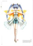  absurdres arms bangs bare_shoulders bell blue_hair character_name dress eyebrows_visible_through_hair fairy fairy_wings growlanser growlanser_v hair_ornament hair_ribbon highres jewelry korin looking_at_viewer official_art open_toe_shoes pointy_ears purple_eyes ribbon scan shorts smile solo standing twintails urushihara_satoshi wings 